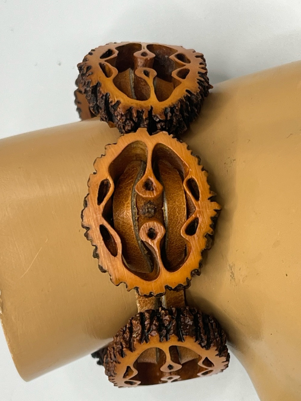 Artisan Carved Black Walnut & Leather Bracelet - Picture 4 of 11